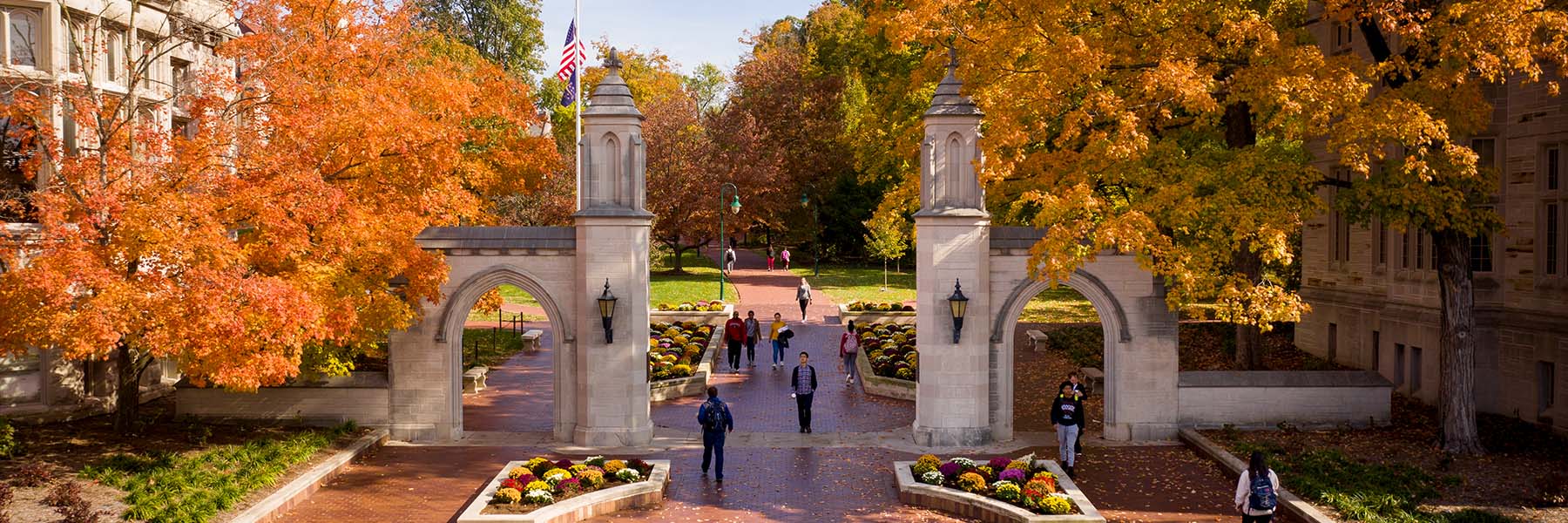 The Sample Gates is pictured from the air on the Indiana University Bloomington campus on Tuesday, Oct. 30, 2018.